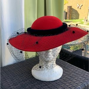 Vintage 50’s style GEO W Bollman felt 100% wool black netted Red Hat